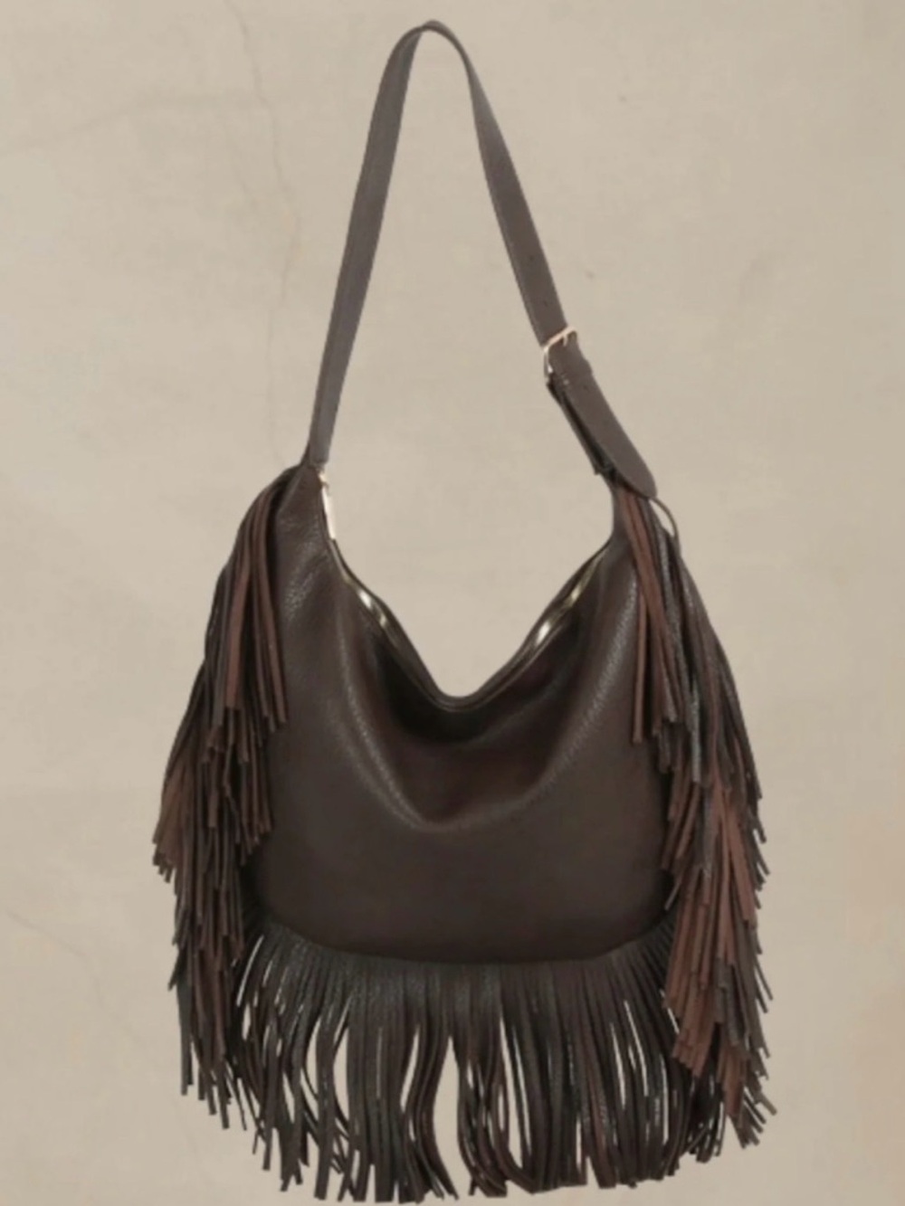 Fringed Dark Brown Leather Hobo Shoulder Bag